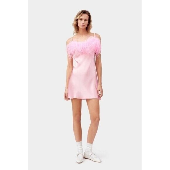 SLEEPER Womens Size Med Boheme Pink Feather-Trim Satin Slip Mini Dress NWT Flaw - Picture 3 of 16